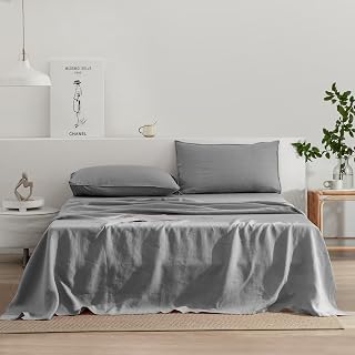 EVERLY King Bed Sheet Set 100% Stone Washed French Linen Deep Fitted Sheet Set 4 Pieces (1 Flat Sheet, 1 Fitted Sheet, 2 Pillowcases), Linen Bedding Set