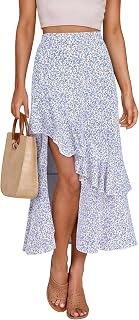 BTFBM Women's Bohemian Floral Print Elastic Waist Split Ruffle High Low Beach Maxi Skirt 2023
