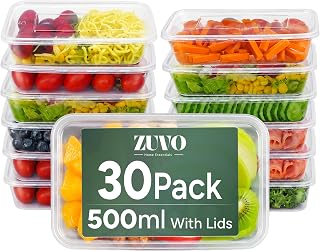 Zuvo Plastic Food Takeaway Containers with Lids, Fridge Freezer, 30 Pack | 500ml, BPA-Free, Microwave & Dishwasher Safe, Stackable, Clear Plastic, Meal Prep, Reusable