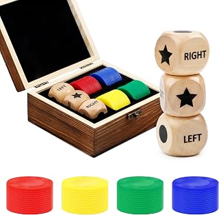 Pagather Left Right Roll Dice Game Set, Wooden Box with 3 Dice & 48 Chips