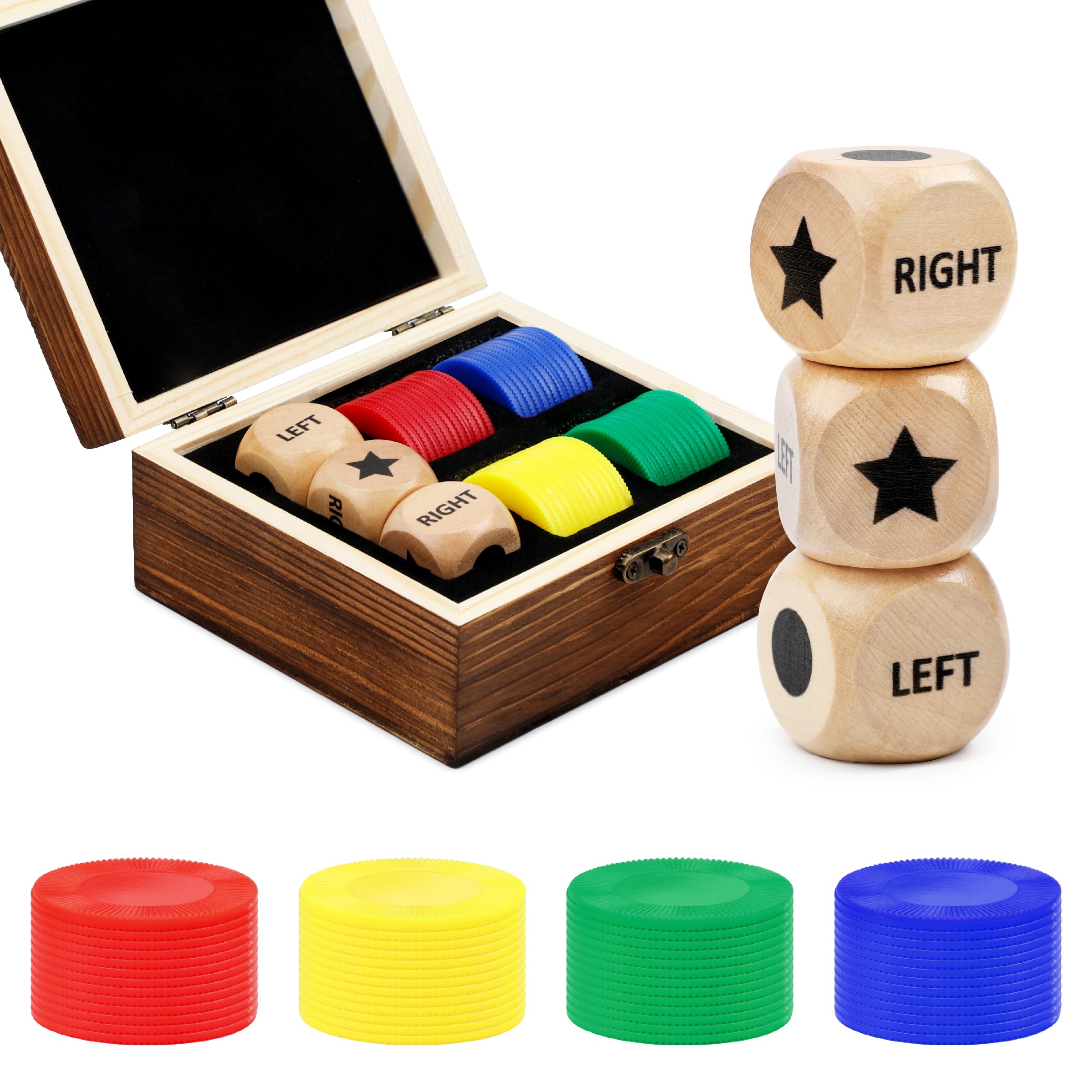 Pagather Left Right Roll Dice Game Set, Wooden Box with 3 Dice & 48 Chips