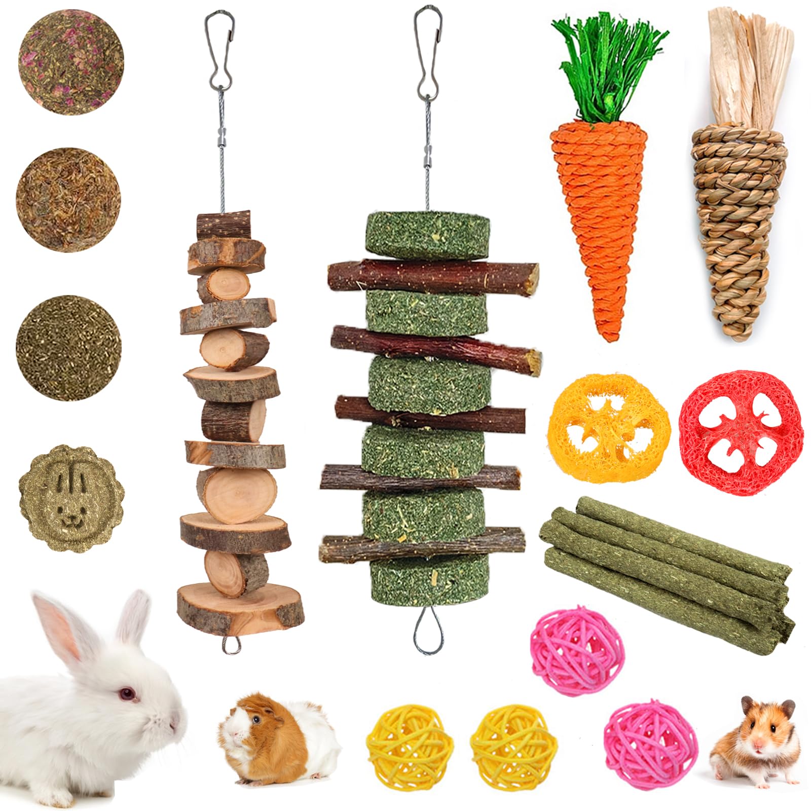 Grddaef 20 PCS Bunny Chew Toys for Teeth, Natural Rabbit Toys Apple Wood Grass T