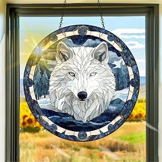 Colorful Acrylic Suncatcher Suncatcher White Wolf Hanging Window Decoration Rainbow Maker Wall Art for Room Bedroom Balcony Indoor Outdoor Garden