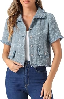 Women Summer Short Sleeve Tweed Shirt with Tassels