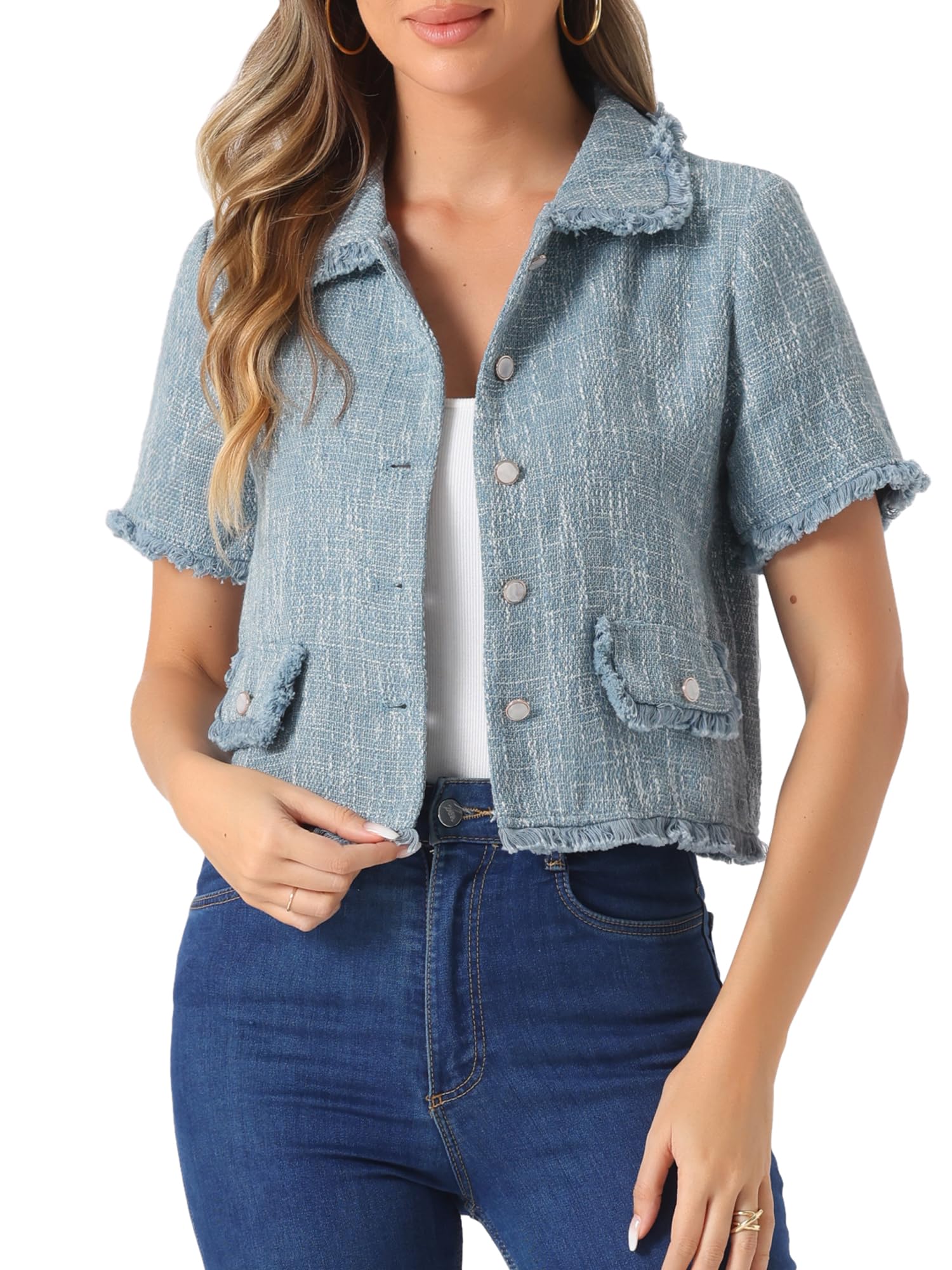 Women Summer Short Sleeve Tweed Shirt with Tassels
