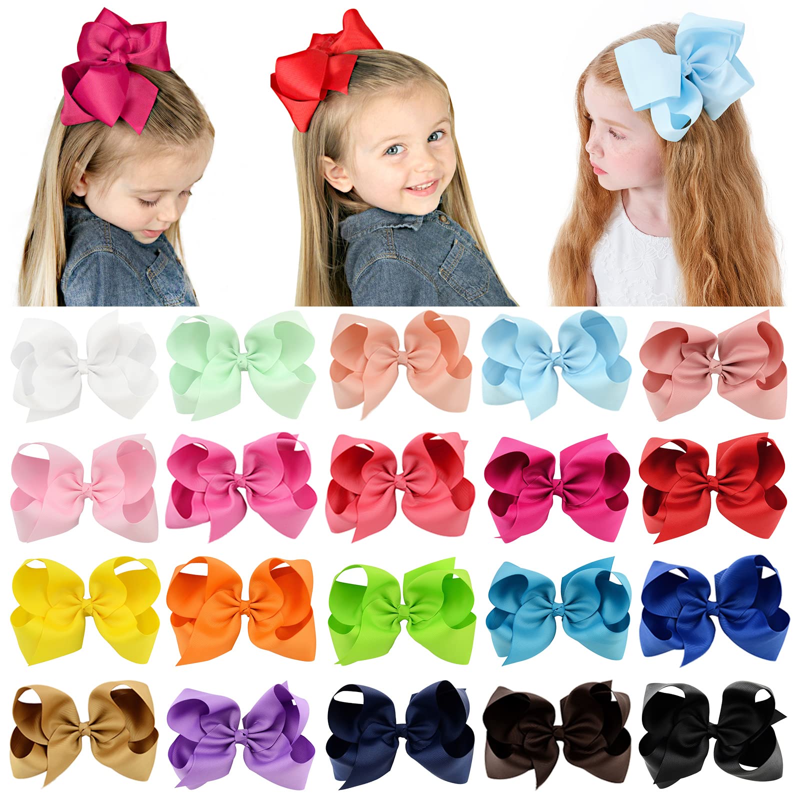 YHXX YLEN 20PCS 6 Inch Hair Bows for Girls, Grosgrain Ribbon Hair Clips | Girls 
