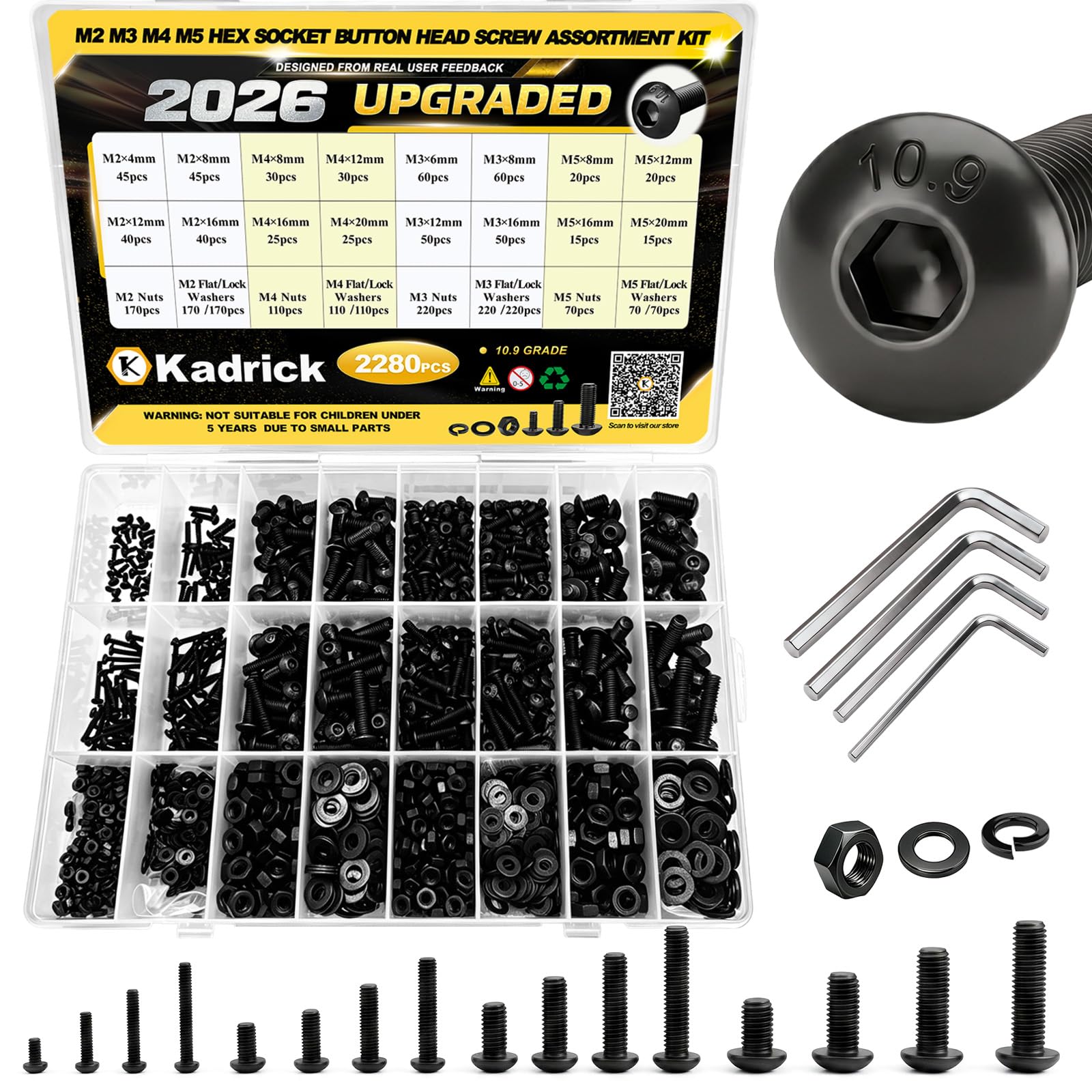 2280PCS M2M3M4M5 Metric Hex Socket Button Head Screws Assortment Kit | M2-0.4,M3