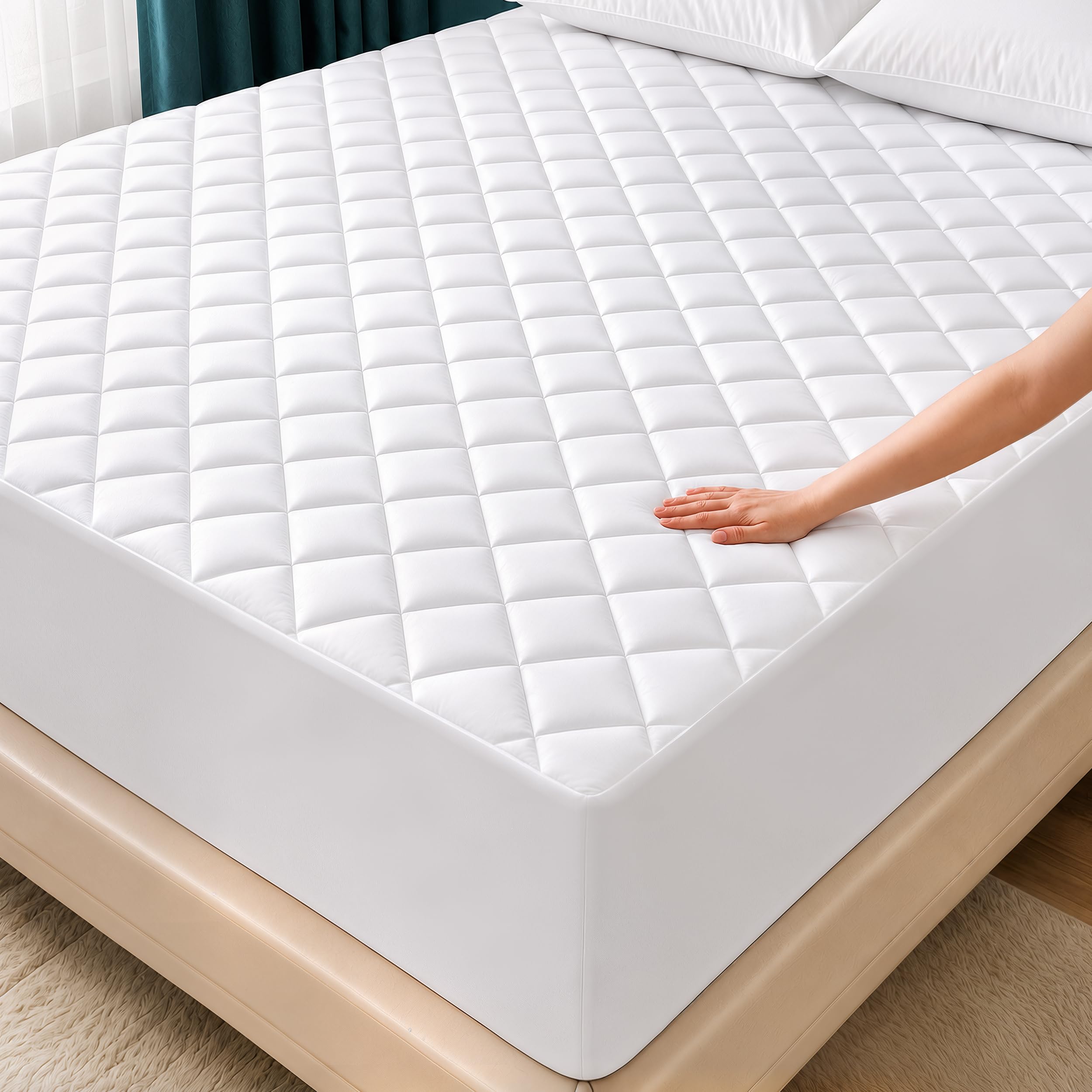 Queen Mattress Pad, Quilted Mattress Protector Topper fits 16" Deep Pocket | Whi
