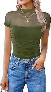 Avidlove Women's Short Sleeve Bodysuit Turtle Neck Body Suits Mesh One Piece Leotard Going Out Tops Date Outfits
