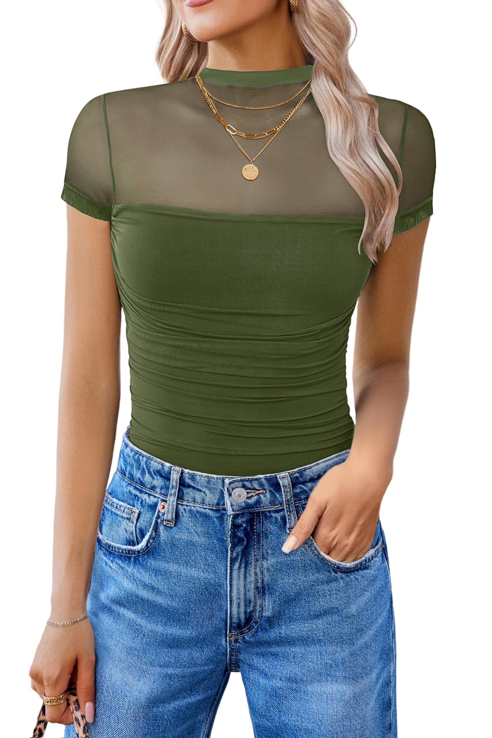Avidlove Women's Short Sleeve Bodysuit Turtle Neck Body Suits Mesh One Piece Leo