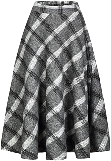 IDEALSANXUN Womens Plaid Wool Skirts Elastic Waist A-Line Pleated Tartan Long Skirts