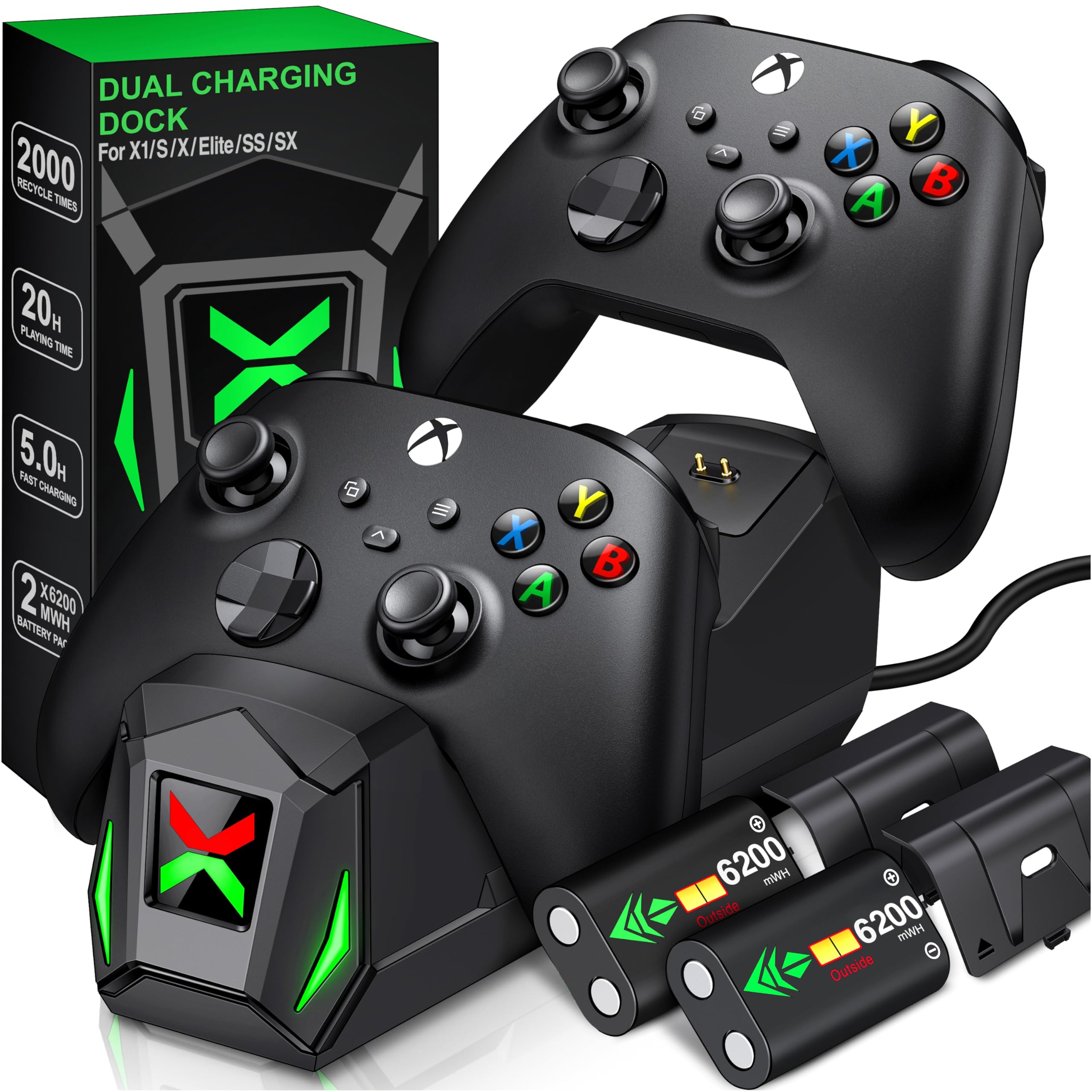 Upgraded Controller Charger Station with 2x6200mWh Rechargeable Battery Packs fo