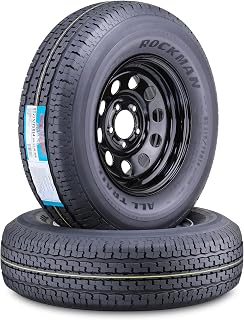 ROCKMAN Trailer Tire Wheel ST205/75R15 10-Ply E 111M 5X4.5 Black Mod Rim,S2 | Heavy Duty 5 Lug on 4.5" PCD Rim Assembly Load Range E 2400lbs Capacity