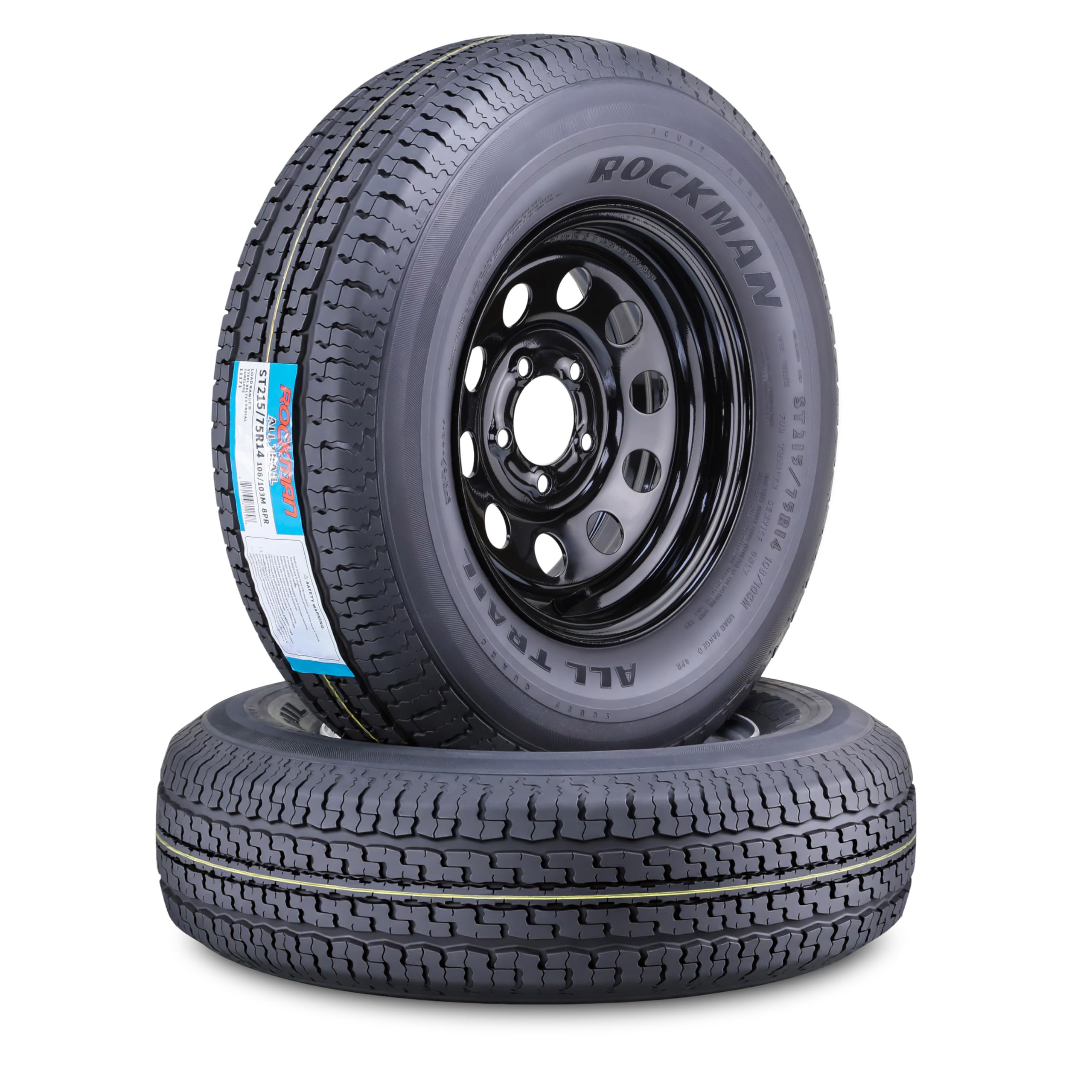 ROCKMAN Trailer Tire Wheel ST205/75R15 10-Ply E 111M 5X4.5 Black Mod Rim,S2 | He