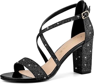 Allegra K Women's Cross Sequin Block Heel Sandals