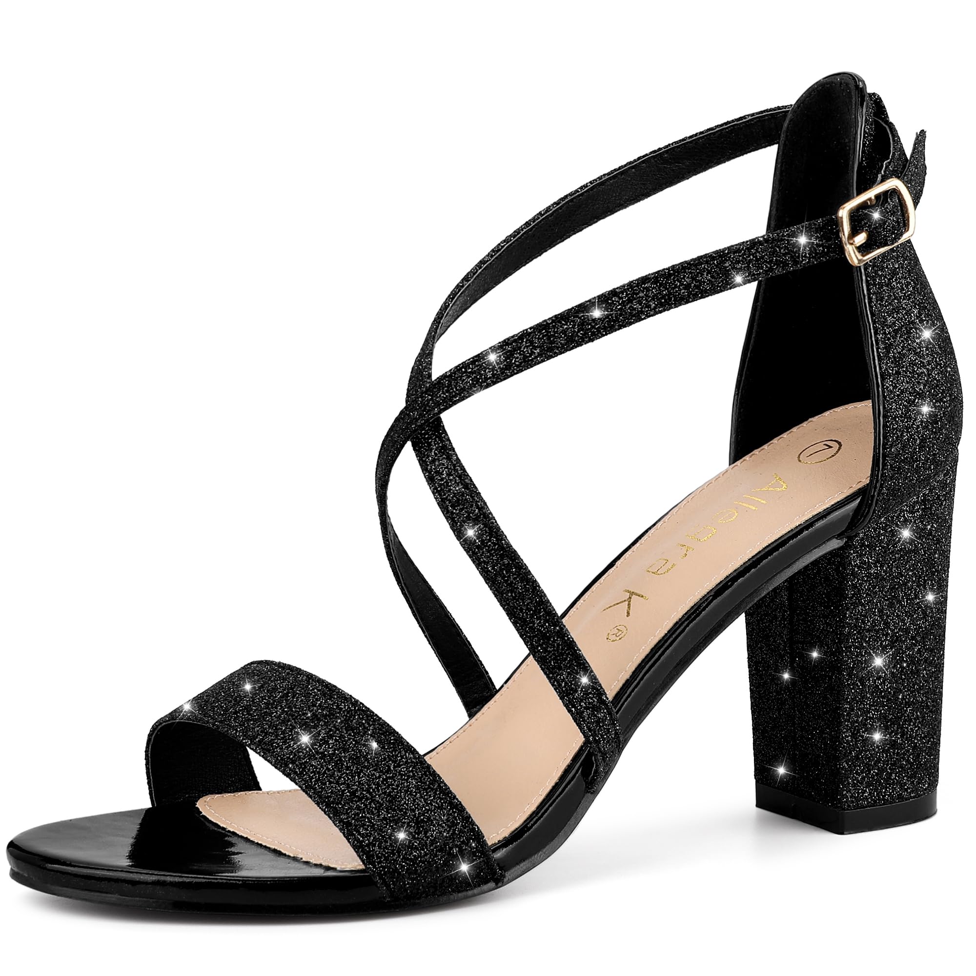 Allegra K Women's Cross Sequin Block Heel Sandals