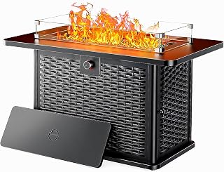 Ciays 43-Inch Rectangular Propane Fire Pit with 60,000 BTU Output, Fire Pit Table Premium Gas for Outside Patio with 304 Stainless Steel H-Burner, Glass Stones, and Wind Guard,Black