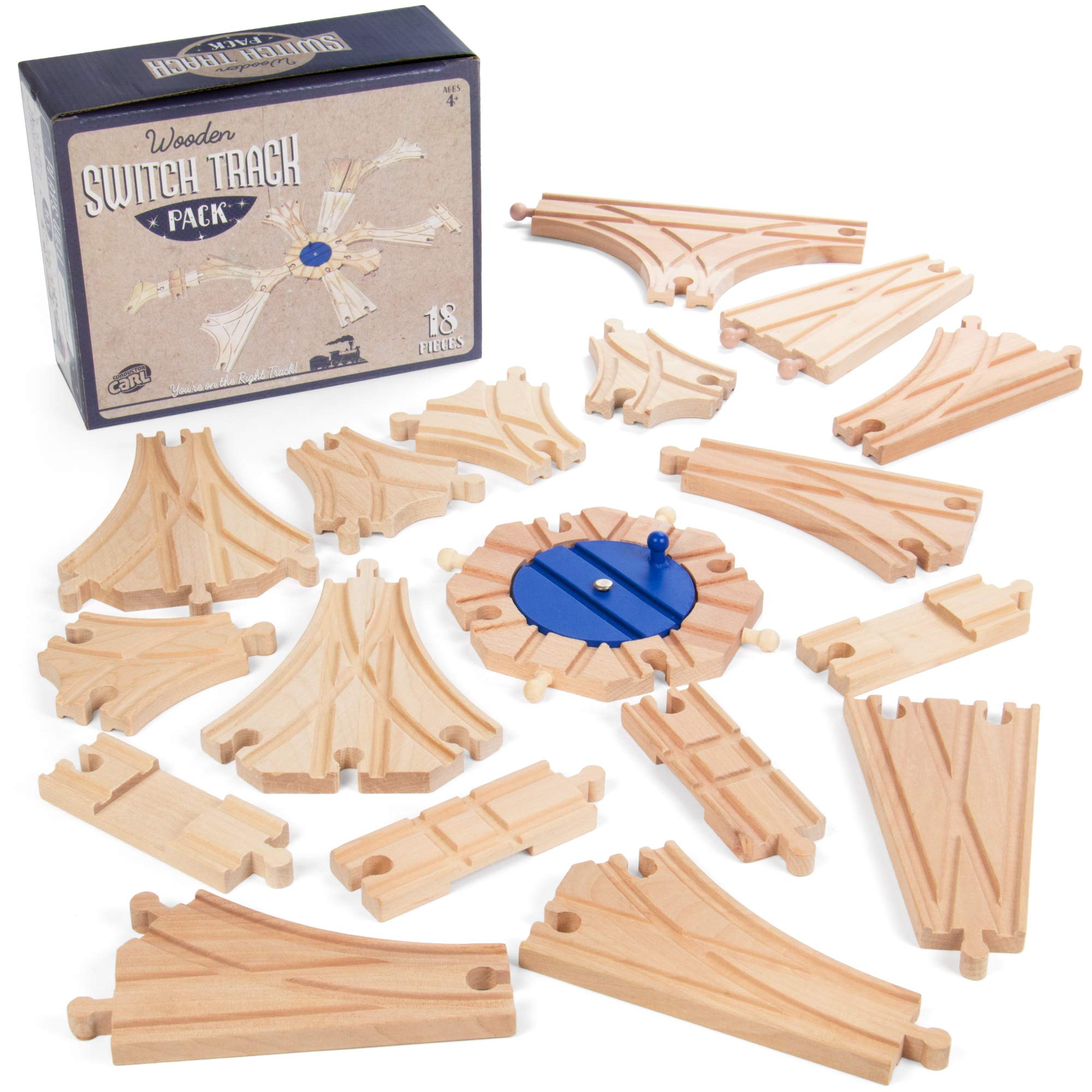 Switch Track Wooden Train Set (18 pcs.) - 8 Way Turntable Rail Station Accessory