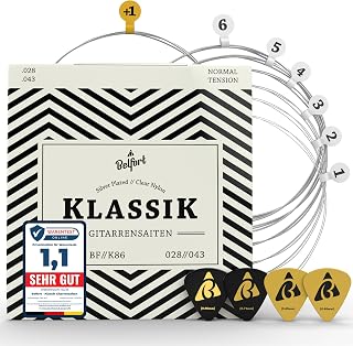 BELFORT Gitarrensaiten Konzertgitarre – Nylon, 6-Saiten-Set + 4 Plektren | Silver-wound nylon strings including extra high E string, 4 plectrums & eBook - for concert & classical guitar