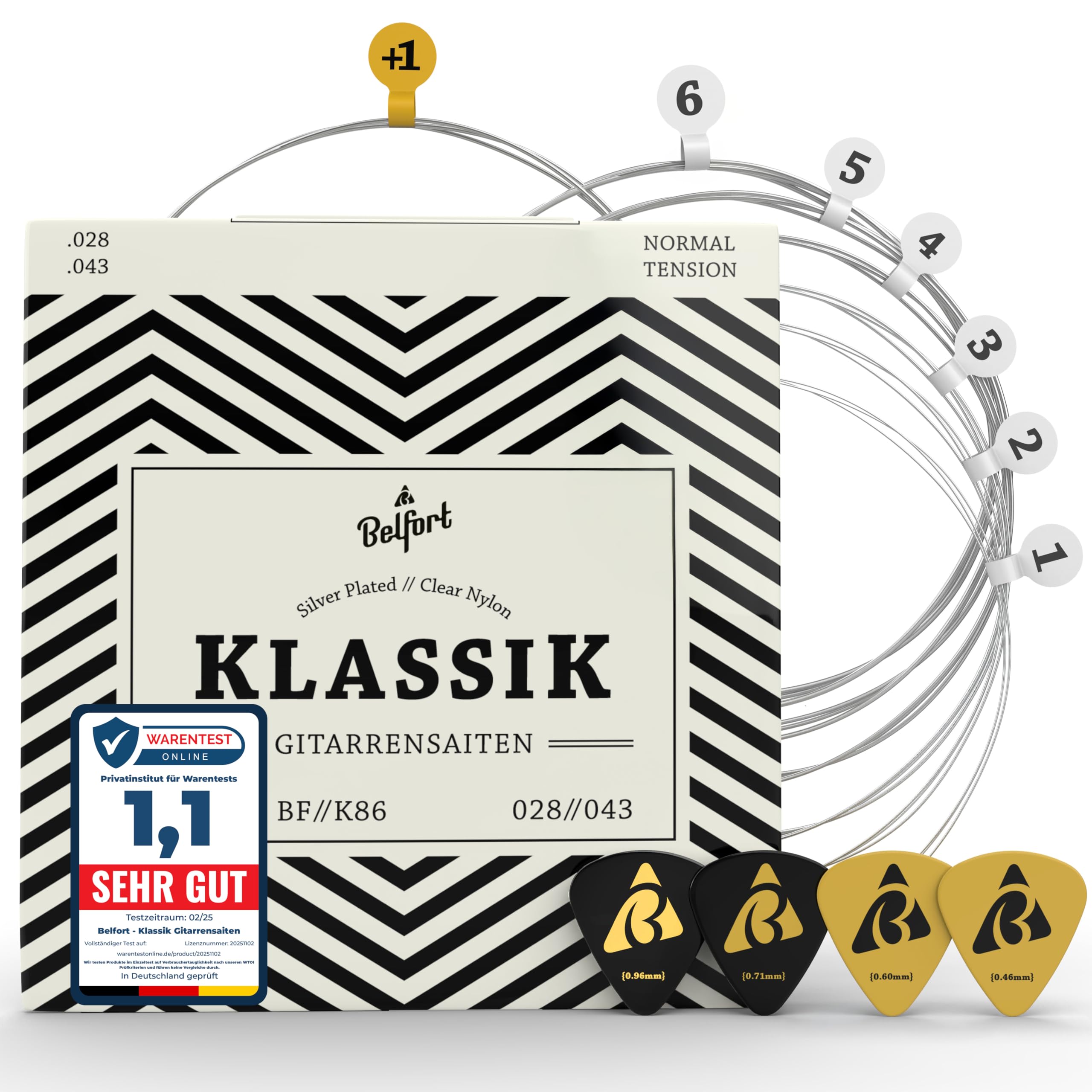 BELFORT Gitarrensaiten Konzertgitarre – Nylon, 6-Saiten-Set + 4 Plektren | Silve