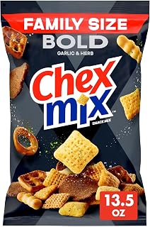 Chex Mix Bold Garlic & Herb Snack Mix, Family Size, 13.5 oz | Corn & Wheat Chex, Rye Chips, Mini Breadsticks, 2 Kinds of Pretzels, 50% Less Fat than Regular Potato Chips