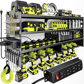 POKIPO Large Power Tool Organizer Wall Mount with Charging Station,4 Layer Heavy Duty Metal Tool Storage Rack Loads 600lbs with 8 Cordless Drill Holder,Battery Utility Rack Loads with 4 Power Strip