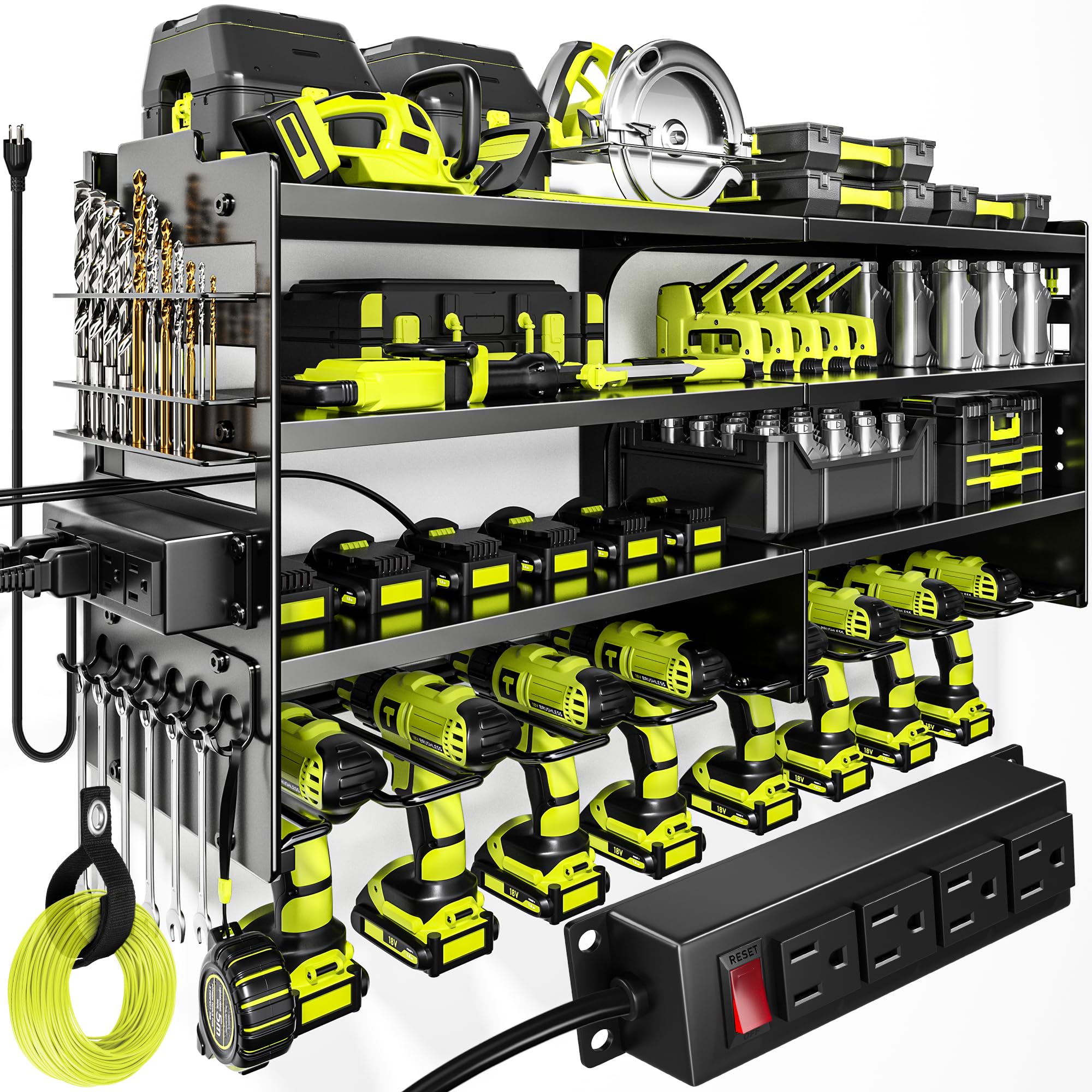 POKIPO Large Power Tool Organizer Wall Mount with Charging Station,4 Layer Heavy
