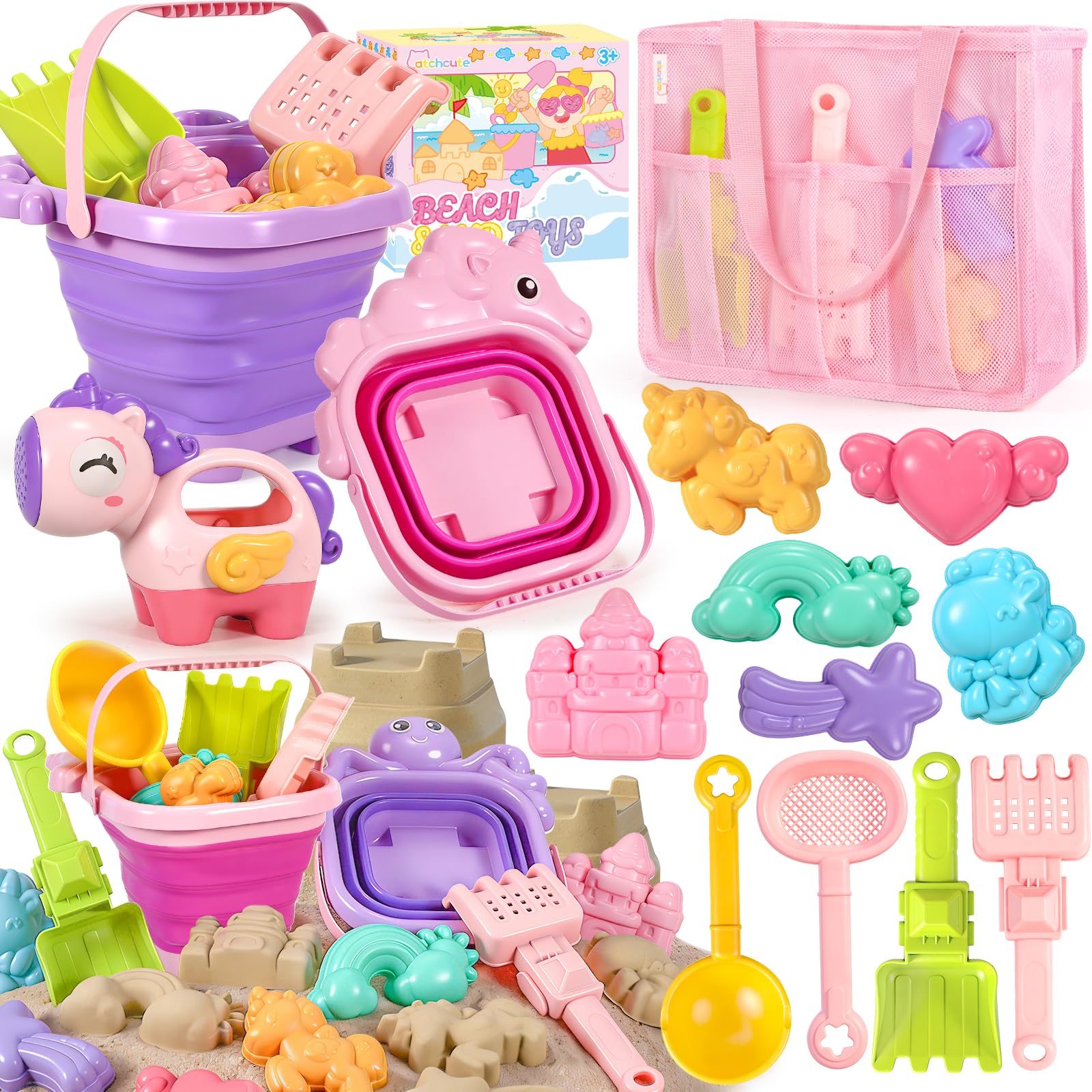 CatchCute Unicorn Collapsible Beach Toys,Sand Toys Set with Animal Foldable Buck