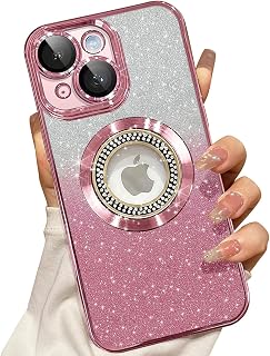 Misscase for iPhone 14 Plus Magnetic Glitter Case Compatible with MagSafe,Full Protection Slim Shockproof Anti-Scratch Case with Camera Lens Protector Logo View Dust-Proof Net for Women Pink