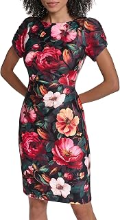 Karl Lagerfeld Paris Women's Short Ruched Sleeve Jewel Neck Sheath Mini Dress Casual Dress