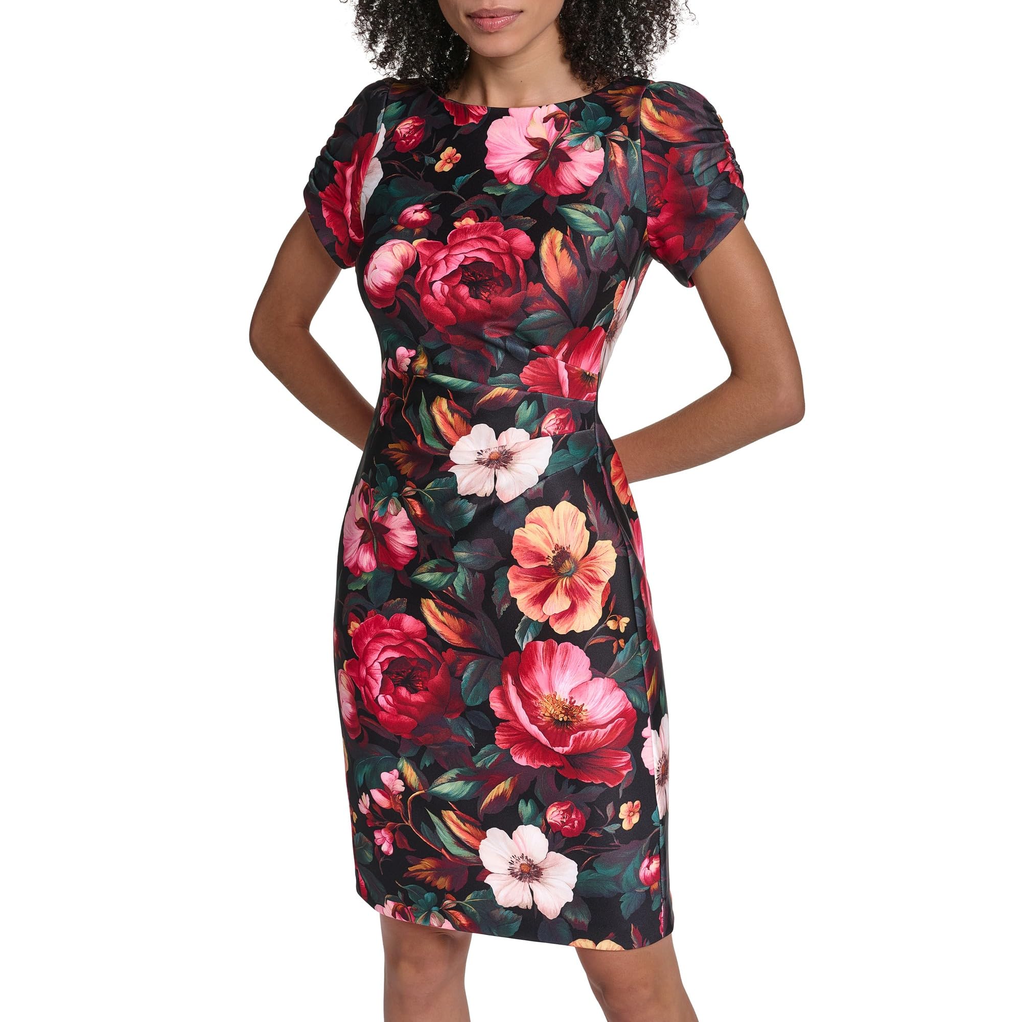 Karl Lagerfeld Paris Women's Short Ruched Sleeve Jewel Neck Sheath Mini Dress Ca