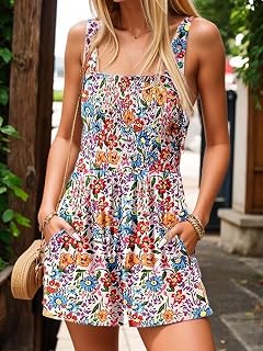 Women Summer Boho Jumpsuit Wide Leg Overall Floral Print Smocked Romper Square Neck Short Jumpsuit