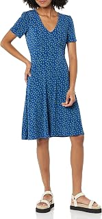Amazon Essentials Womens Short Sleeve V-Neck Gathered Fit and Flare