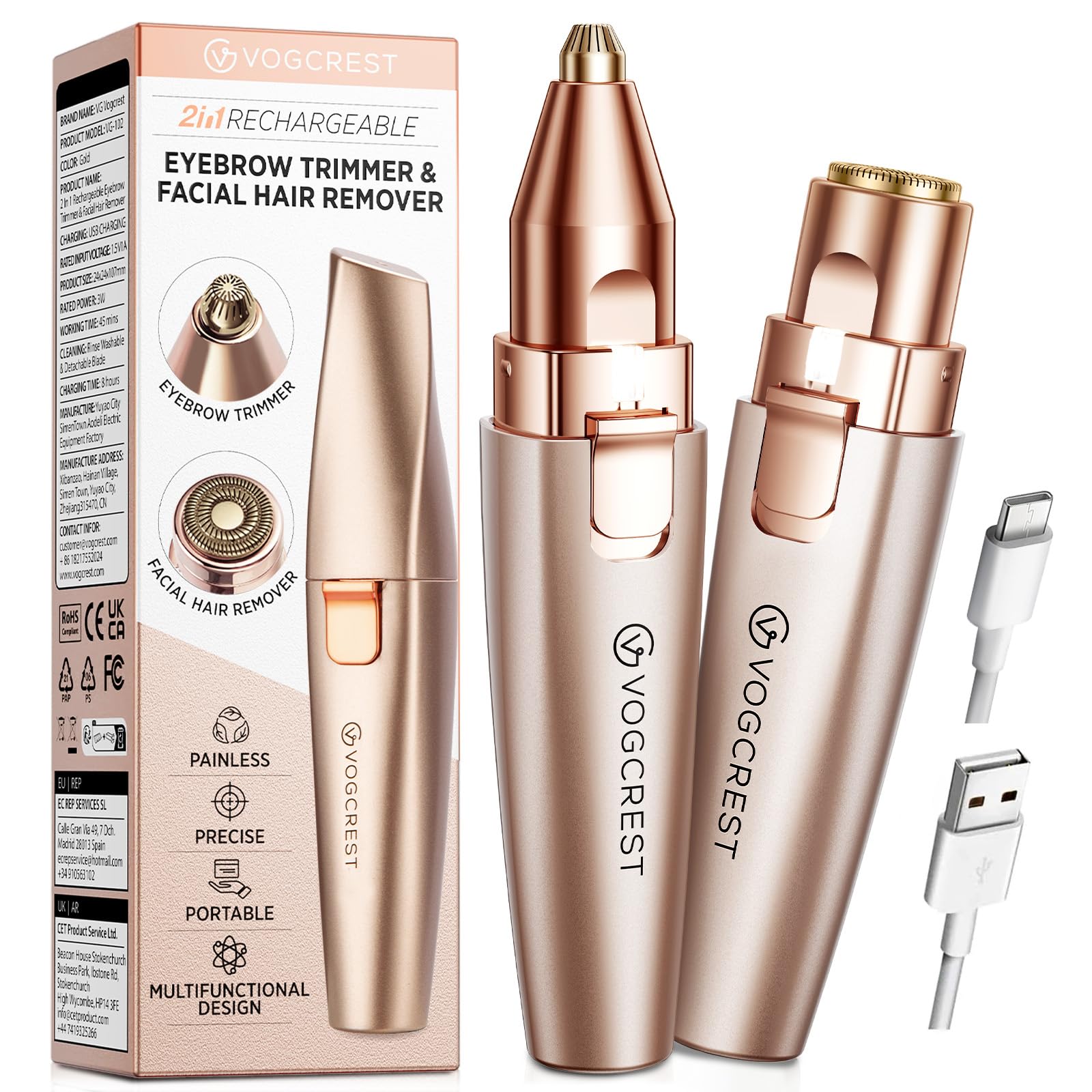 VG VOGCREST Eyebrow &amp; Facial Trimmer: 2 in1 Rechargeable Facial Hair Removal