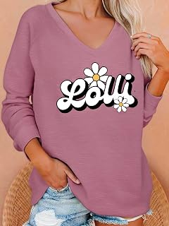 Womens Long Sleeve V Neck Graphic T-Shirt Loose Fit Soft Stretchy Lightweight