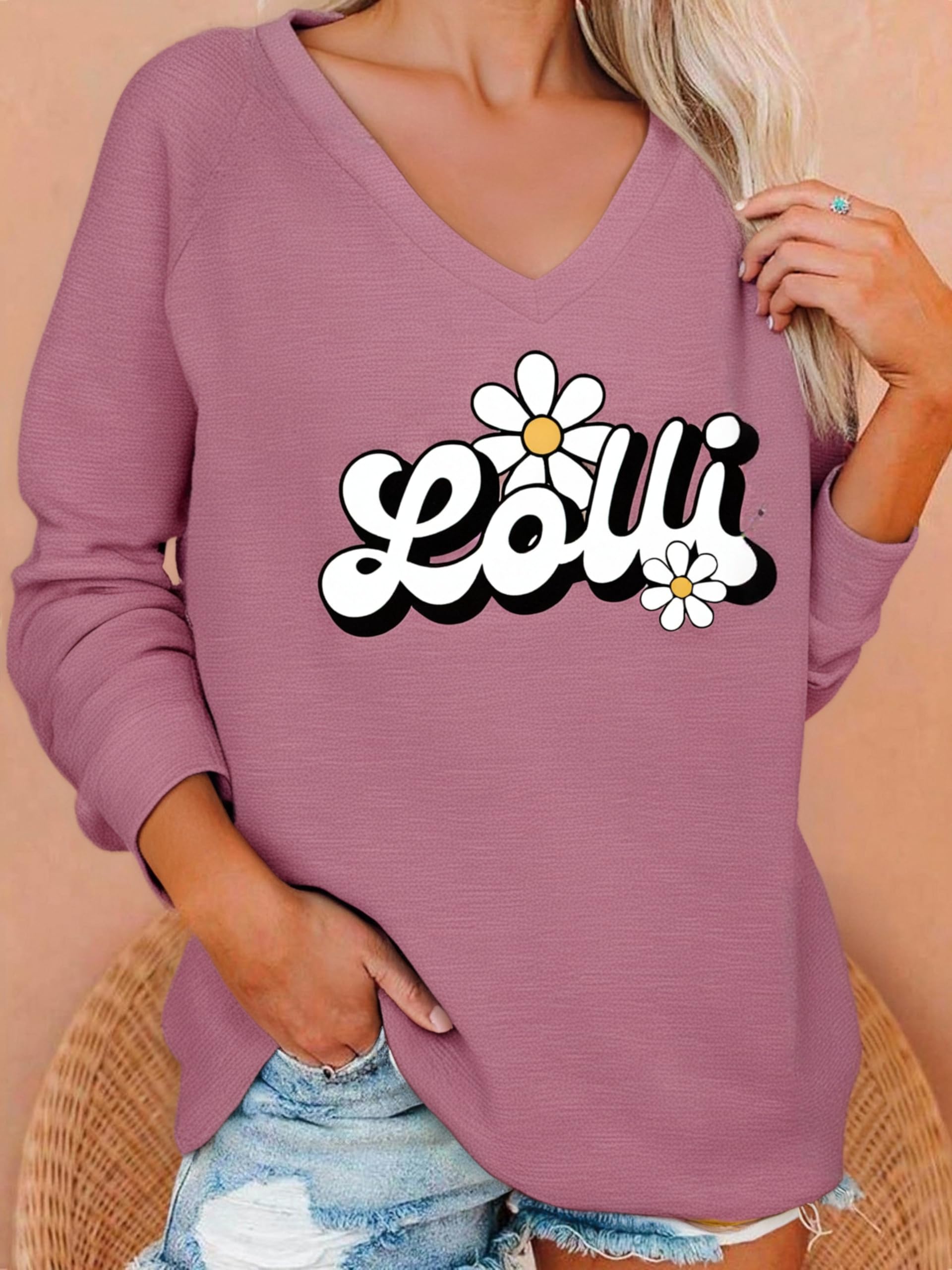 Womens Long Sleeve V Neck Graphic T-Shirt Loose Fit Soft Stretchy Lightweight