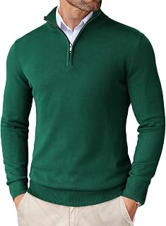 COOFANDY Jersey de cuello alto con cremallera para hombre, ajuste delgado, ligero, de algodón, Verde oscuro, Large