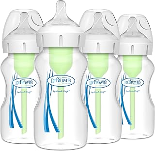 Dr. Brown’s Natural Flow Anti-Colic Options+ Wide-Neck Baby Bottles 9 oz/270 mL, with Level 1 Slow Flow Nipple, 4 Pack, 0m+