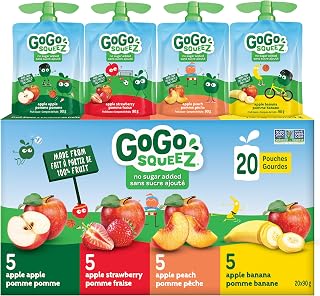 GoGo squeeZ Fruit Sauce Variety Pack, Apple, Strawberry, Peach, Banana, No Sugar Added. 90g per pouch, Pack of 20
