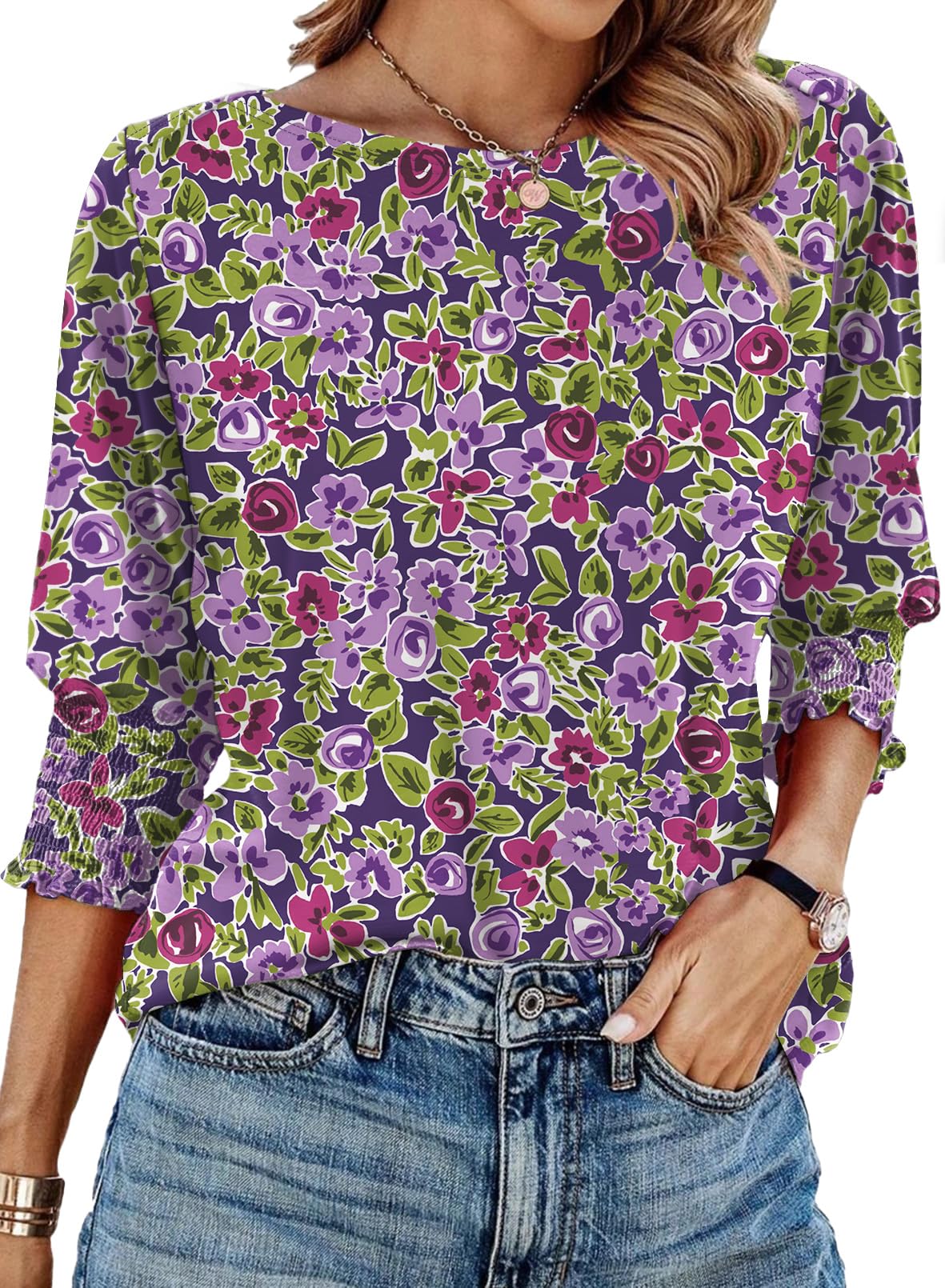 IECCP Women's 3/4 Sleeve Top Summer 2025 Fashion Trendy Boat Crew Neck Smock Wor