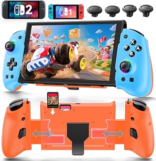 OIVO Switch 1/2 Controller for Original/OLED/Switch 2 Console, Stretchable Switch Handheld Joypad Ergonomic Grip for NS Pro Controller with RGB Light, TMR Joystick, Turbo, 4 Macro, Blue & Orange