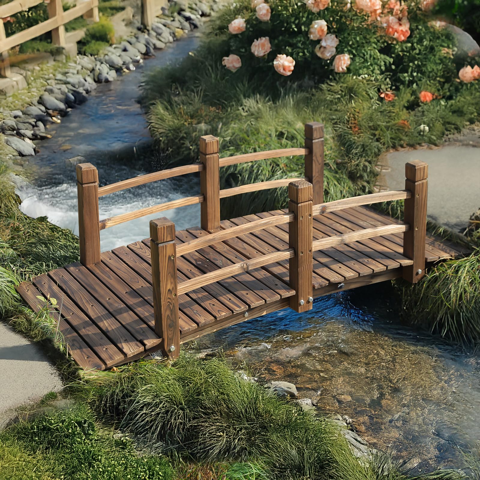 EPICOZY Wood Garden Bridge Classic Wooden Arch Stained Finish Footbridge with Sa