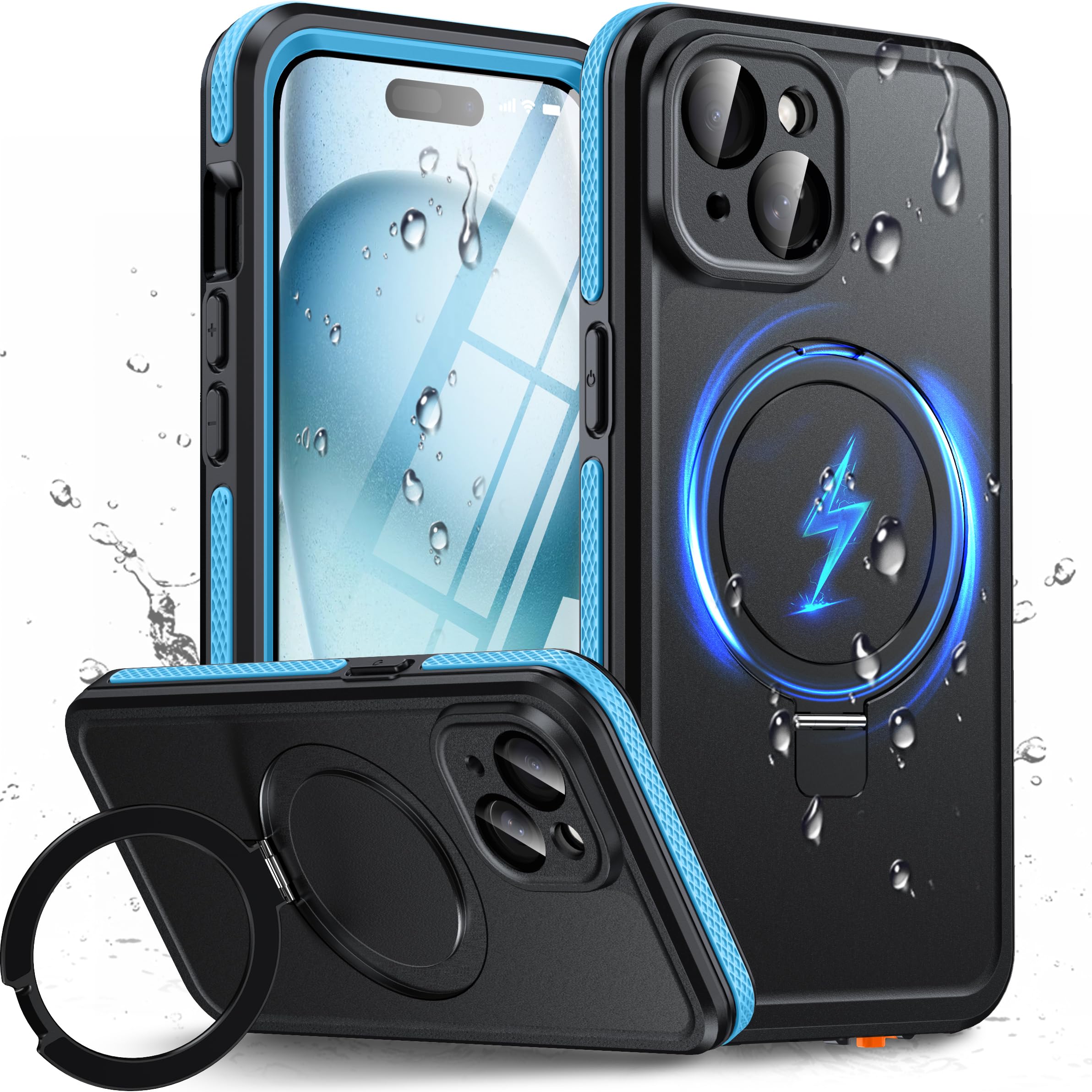 Oterkin Magnetic Stand for iPhone 15 Case Waterproof IP68, Blue
