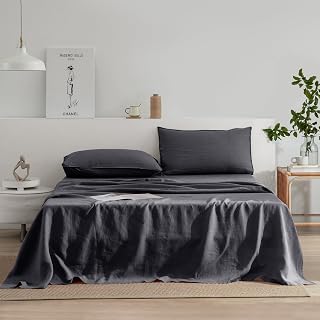 EVERLY Queen Bed Sheet Set 100% Washed French Linen Stone Deep Fitted Sheet Set 4 Pieces (1 Flat Sheet, 1 Fitted Sheet, 2 Pillowcases), Linen Bedding Set
