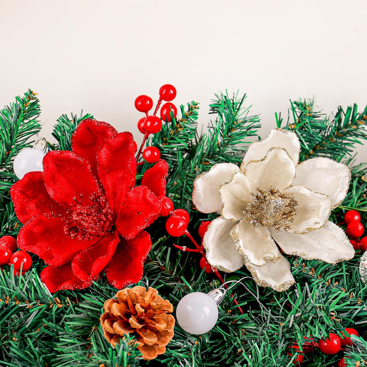 2 Pcs Artificial Flowers Glitter Three Layers Foam Christmas Tree Home Decoratio