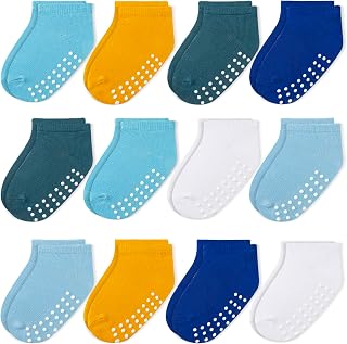 JAKIDAR 12 Pair Baby Toddler Socks Non-Slip Grip Cotton Ankle Socks for Boys Girls Non Skid Soles for Infants Kids