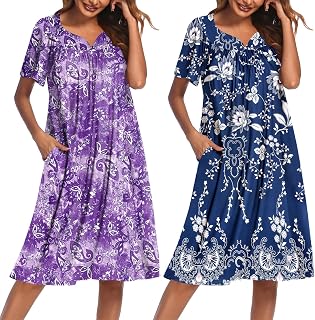 Ekouaer Pack of 2 Women's Home Dresses with Pockets Short Sleeve Moo Moos Floral Print Mumu Dresses