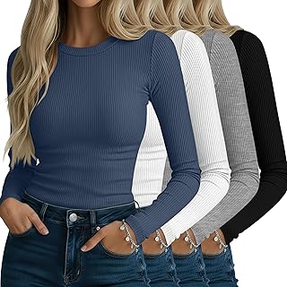 Neer 4 Pack Women's Ribbed Long Sleeve Shirts Cotton Basic Tops
