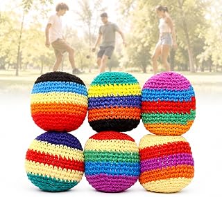 6 Pack Handmade Crocheted Footbag Sacks, Multicolor Knit Juggling Balls | For Adults and Beginners, Soft Striking Sacks for Coordination Training, Outdoor Games and Office Stress Relief