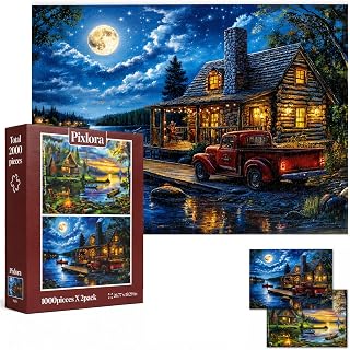 Pixlora Puzzles for Adults 1000 Pieces, 2 Pack Unique 1000 Piece Lake and Night View Jigsaw Puzzles, Premium Scenic Landscape Puzzles & Nature Theme for Challenging Game Night